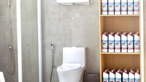 A toilet and cleaning supplies on shelves Description automatically generated